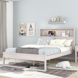 Platform Bed with Storage Headboard, Sockets and USB Ports, Full Size Platform Bed, Antique White