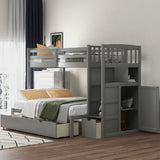 Twin over Full/Twin Bunk Bed, Convertible Bottom Bed, Storage Shelves and Drawers, Gray