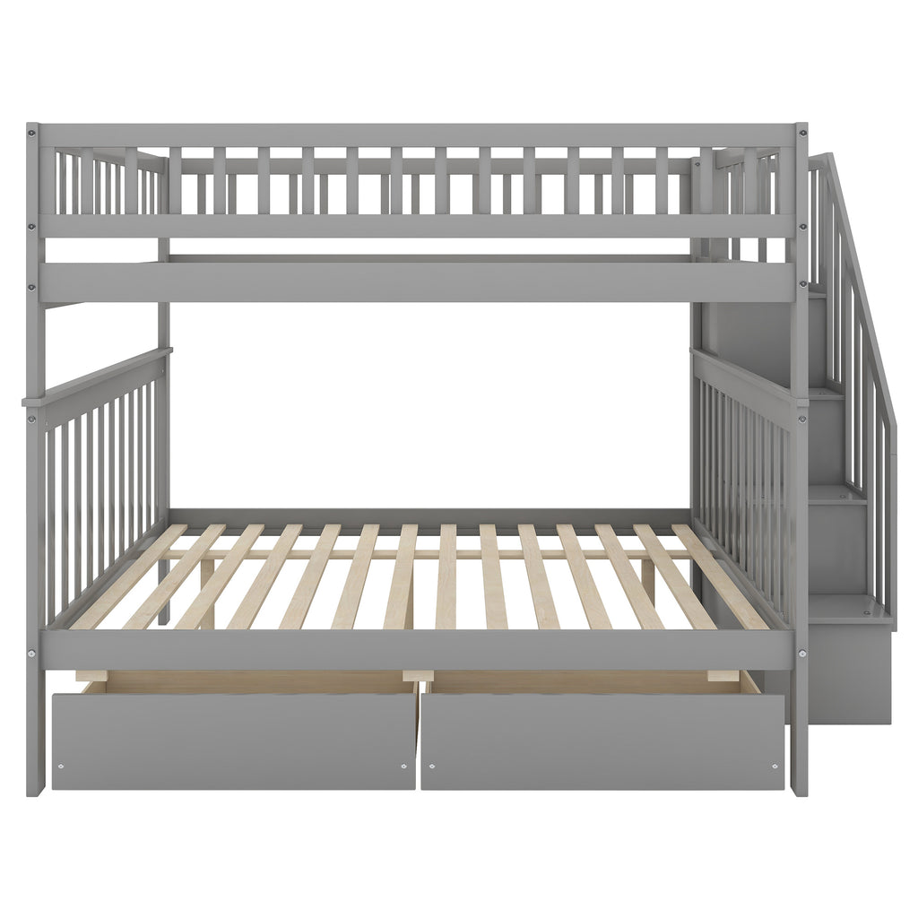 Full over Full Bunk Bed with Two Drawers and Storage, Gray