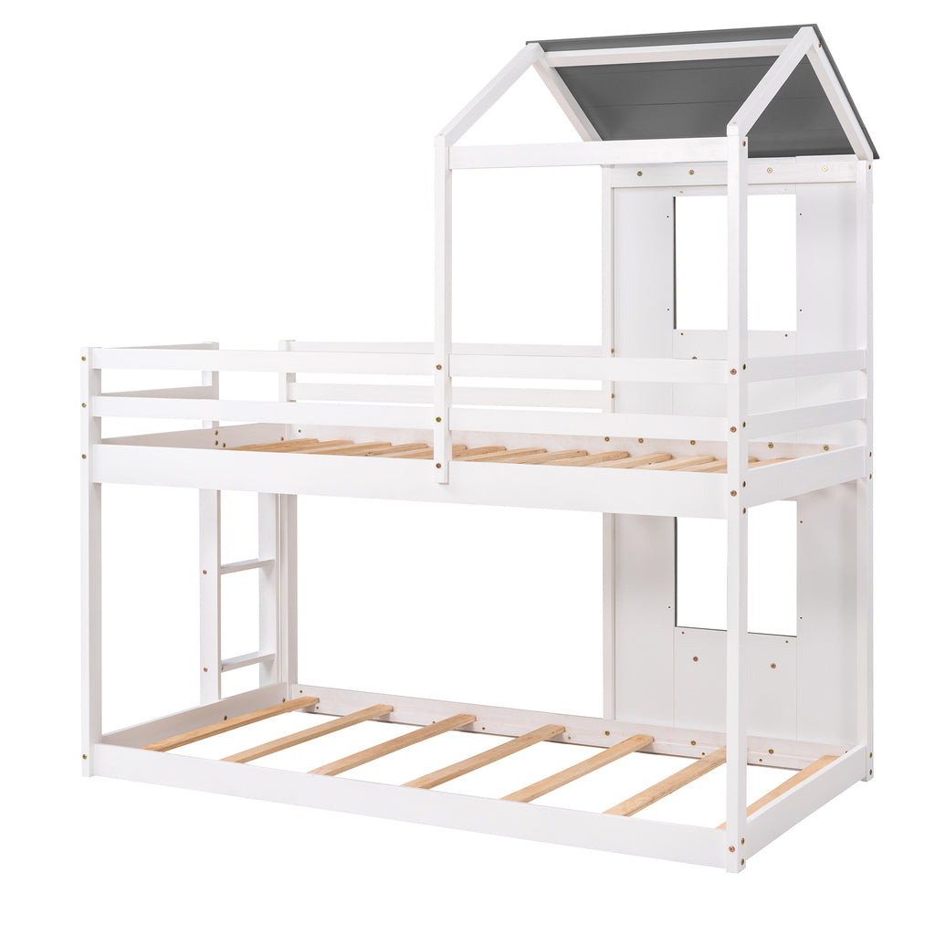 Twin Over Twin Bunk Bed Wood Bed with Roof, Window, Guardrail, Ladder (White)