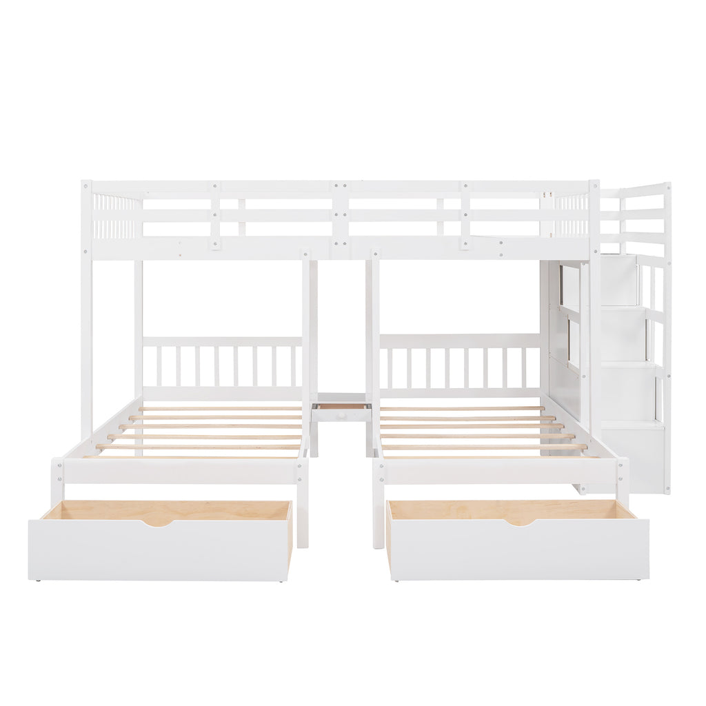 Full Over Twin & Twin Bunk Bed, Wood Triple Bunk Bed with Drawers and Guardrails (White)