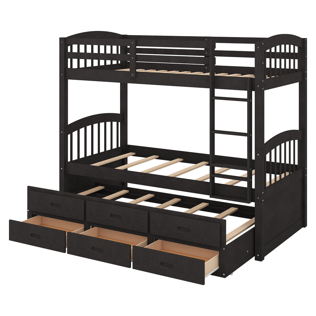 Twin over Twin Wood Bunk Bed with Trundle and Drawers, Espresso