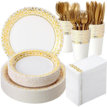 Load image into Gallery viewer, 700 Pcs Disposable Dinnerware Set for 100 Guests Include 200 Paper Plates, 300 Plastic Silverware, 100 Paper Cups, 100 Napkins