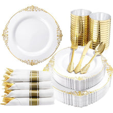 Load image into Gallery viewer, Nervure 350PCS Plastic Plates - Disposable Dinnerware Plates and Pre Rolled Napkins with Plastic Cutlery for 50 Guests