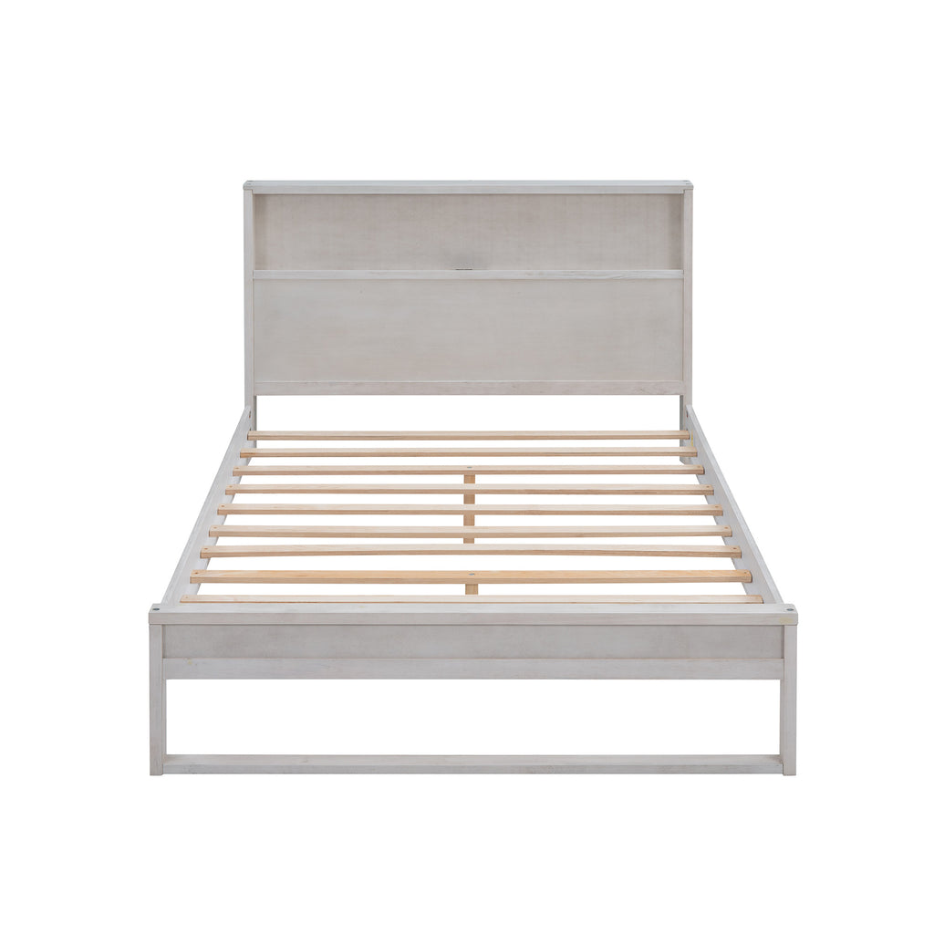 Platform Bed with Storage Headboard, Sockets and USB Ports, Full Size Platform Bed, Antique White