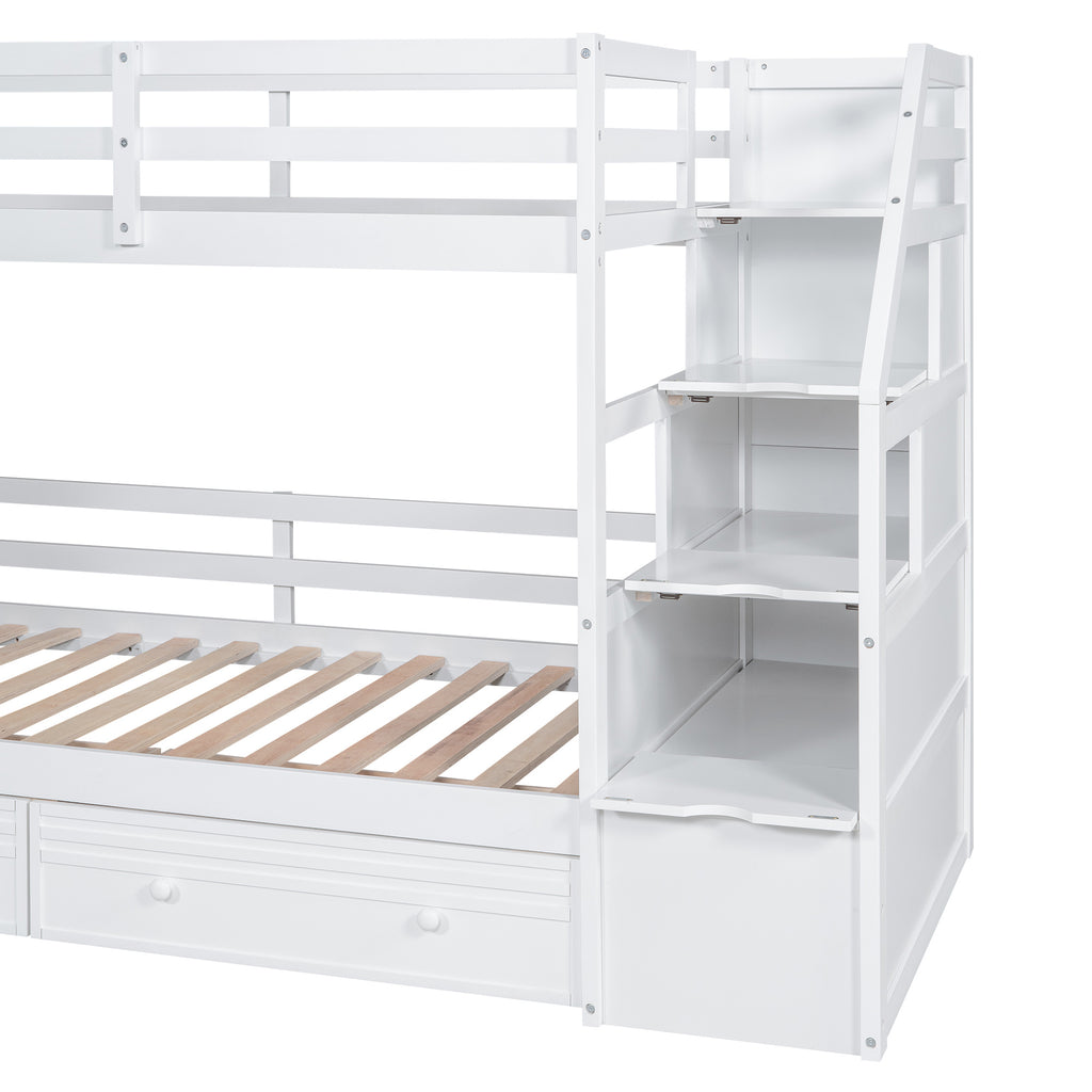 Twin over Twin Bunk Bed with Storage Staircase, Slide and Drawers, Desk with Drawers and Shelves, White