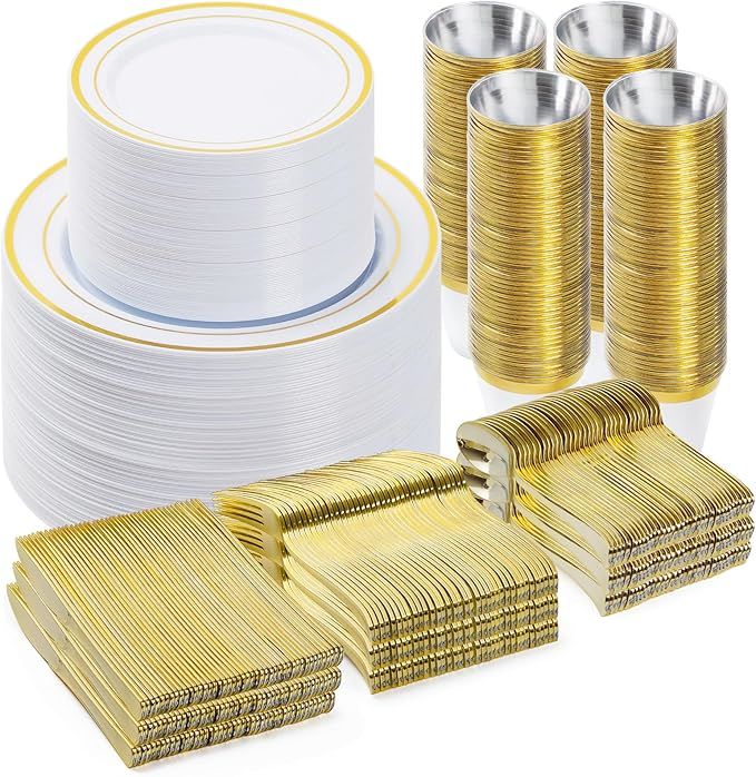 600 Piece Gold Plastic Dinnerware Set, 100 Guests, Dinner Plates, Dessert Plates, Cups, Spoons, Forks and Knives for Party