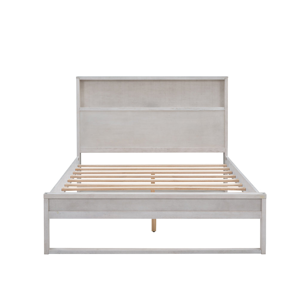 Platform Bed with Storage Headboard, Sockets and USB Ports, Full Size Platform Bed, Antique White