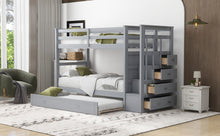 Load image into Gallery viewer, Twin Over Twin Bunk Bed with Trundle and Staircase,Gray