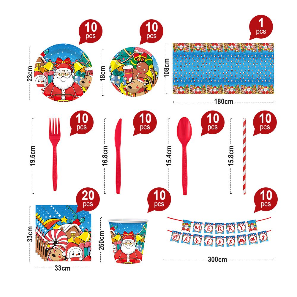 Christmas 10-piece set  Set Party Supplies Snowman Disposable Tableware Paper Plates and Napkins Banners Plastic tablecloths Cutlery Serves 50 for Merry Christmas Party Home Indoor Outdoor Decor