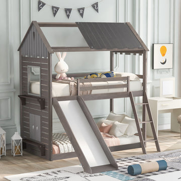 Twin Over Twin Bunk Bed Wood Bed with Roof, Window, Slide, Ladder ,Antique Gray