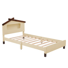 Load image into Gallery viewer, Twin Size Wood Platform Bed with House-shaped Headboard and Motion Activated Night Lights (Cream+Walnut)