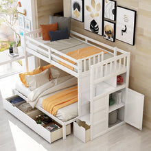 Load image into Gallery viewer, Twin over Full/Twin Bunk Bed, Convertible Bottom Bed, Storage Shelves and Drawers, White