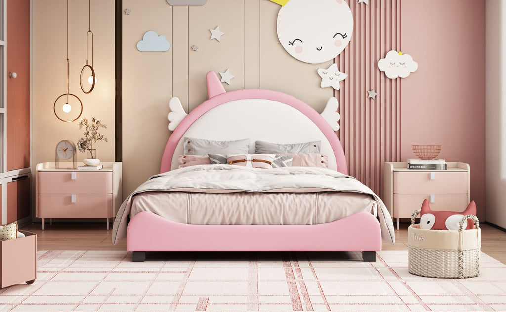 Cute Full size Upholstered Bed With Unicorn Shape Headboard