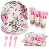 144 Piece Vintage Style Tea Party Supplies with Pink Floral Paper Plates, Napkins, Cups, and Cutlery, Disposable Tableware Set for Girls Baby Shower, Wedding, Serves 24