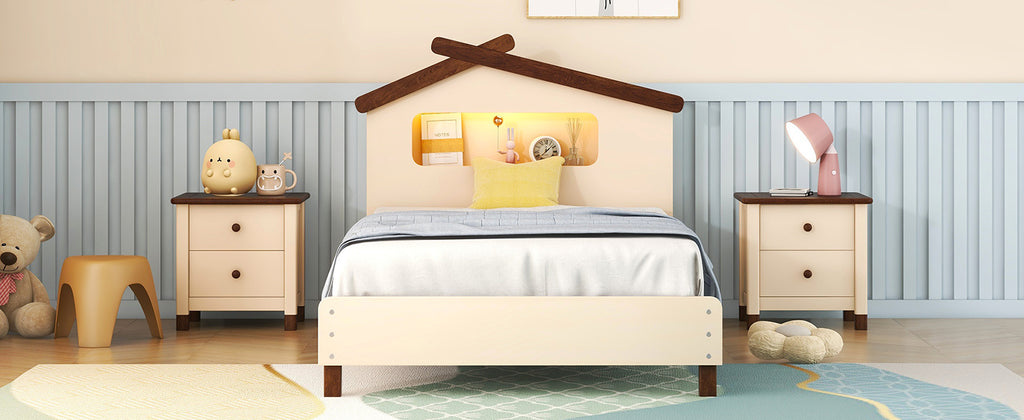 Twin Size Wood Platform Bed with House-shaped Headboard and Motion Activated Night Lights (Cream+Walnut)