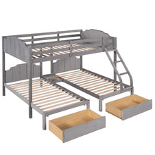 Load image into Gallery viewer, Full Over Twin &amp; Twin Bunk Bed, Velvet Triple Bunk Bed with Drawers and Guardrails, Gray