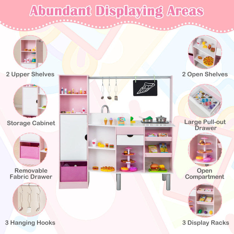 2-in-1 Double-sided Kids Kitchen and Market with Realistic Light and Sound