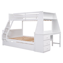 Load image into Gallery viewer, Twin over Full Bunk Bed with Trundle and Built-in Desk, Three Storage Drawers and Shelf,White