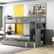 Load image into Gallery viewer, Twin over Full/Twin Bunk Bed, Convertible Bottom Bed, Storage Shelves and Drawers, Gray