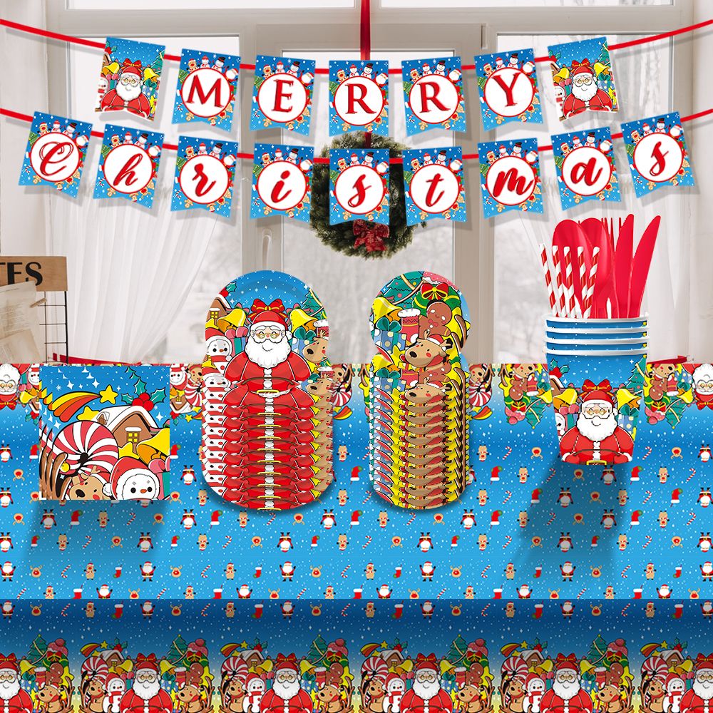 Christmas 10-piece set  Set Party Supplies Snowman Disposable Tableware Paper Plates and Napkins Banners Plastic tablecloths Cutlery Serves 50 for Merry Christmas Party Home Indoor Outdoor Decor