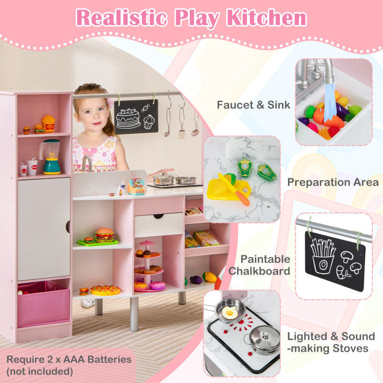 2-in-1 Double-sided Kids Kitchen and Market with Realistic Light and Sound