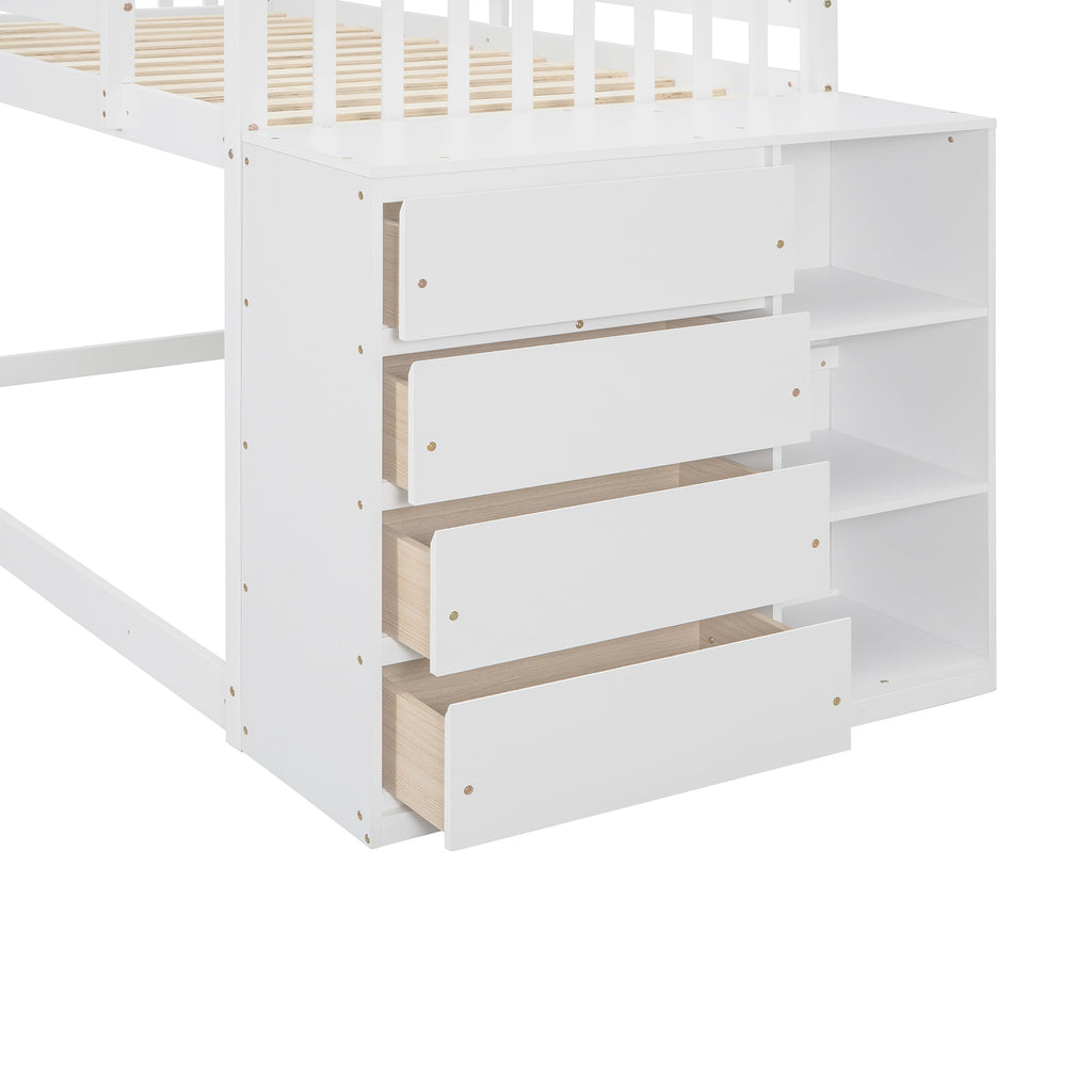 Twin over Twin Bunk Bed with 4 Drawers and 3 Shelves-White