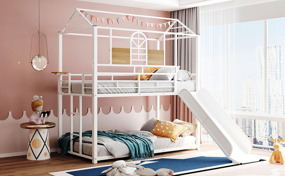 Twin Over Twin Metal Bunk Bed ,Metal Housebed With Slide,Three Colors Available.(White with White Slide)(OLD SKU :LP000095AAK)
