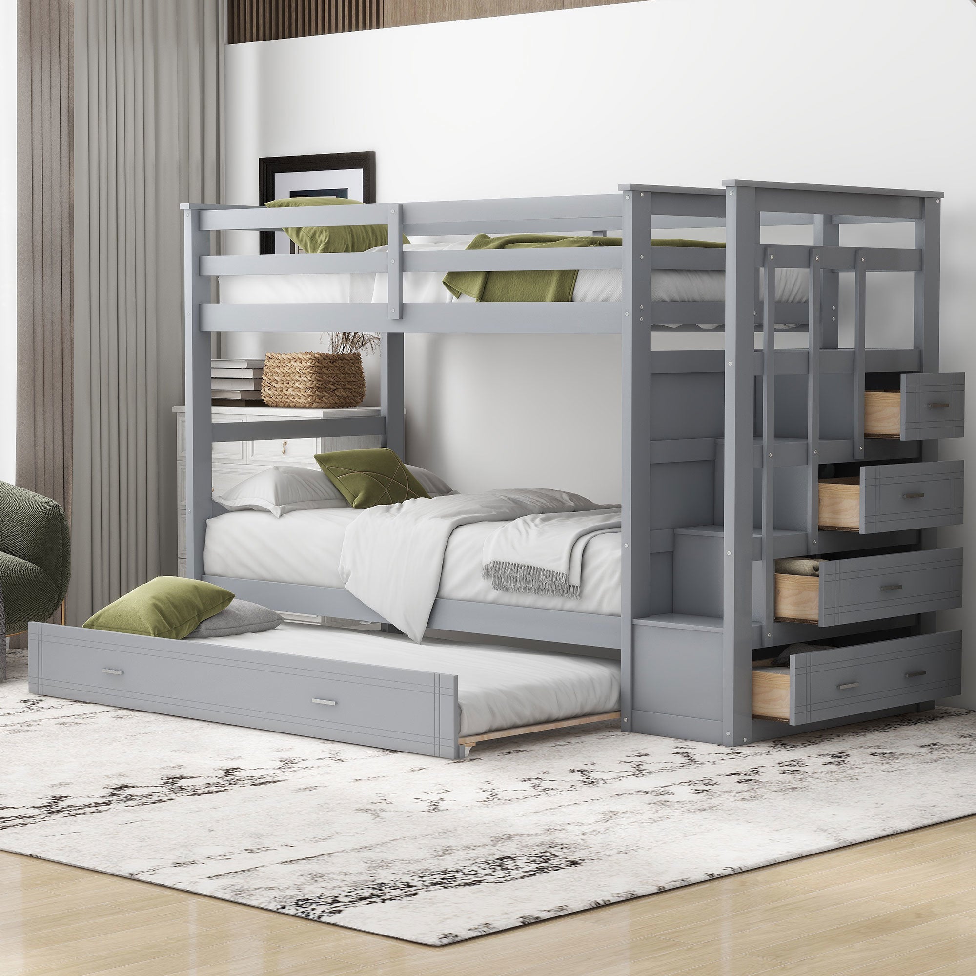 Twin Over Twin Bunk Bed with Trundle and Staircase,Gray