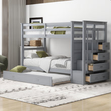 Load image into Gallery viewer, Twin Over Twin Bunk Bed with Trundle and Staircase,Gray