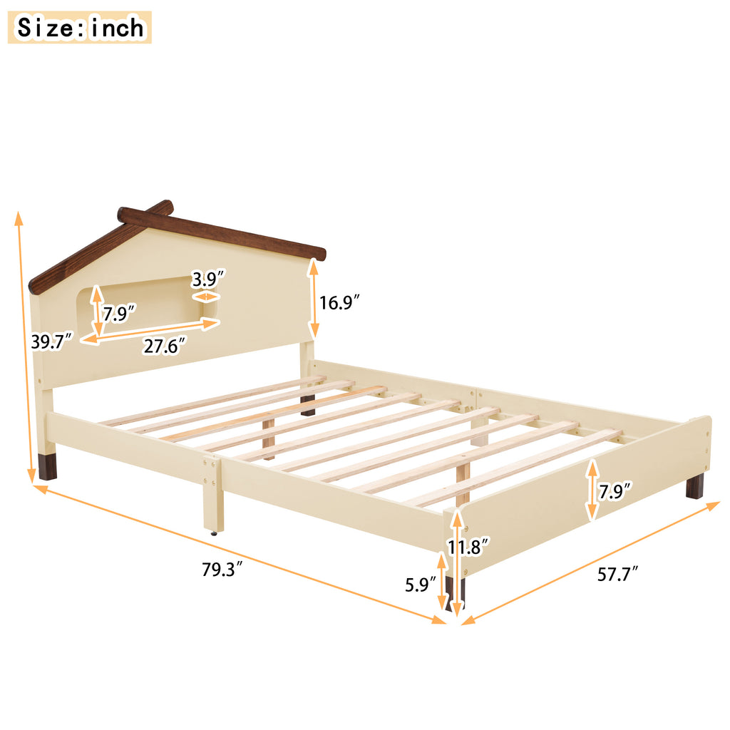Full Size Wood Platform Bed with House-shaped Headboard and Motion Activated Night Lights (Cream+Walnut)