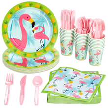 Load image into Gallery viewer, 144-Piece Pink Flamingo Birthday Party Supplies, Paper Plates, Napkins, Cups, Cutlery for Summer Hawaiian Themed Party, Girl Baby Shower Decorations (Serves 24 Guests)