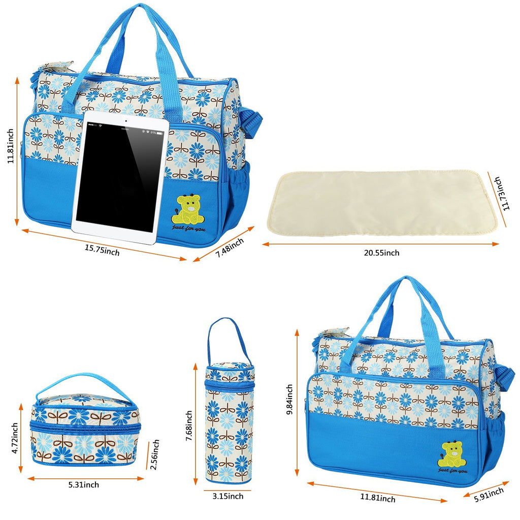 5PCS Baby Nappy Diaper Bags Set Mummy Diaper Shoulder Bags w/ Nappy Changing Pad Insulated Pockets Travel Tote Bags