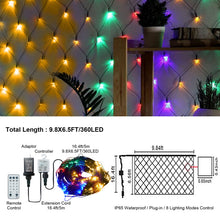 Load image into Gallery viewer, 9.8*6.5FT Christmas Mesh Net Light,360 LED Net Light with 8 Modes&amp;Remote,Connectable Net String Christmas Lights for Garden/Bushes/Indoor Outdoor/Curtain/Fairy/Wall/Party/Wedding/Xmas Tree Decorations