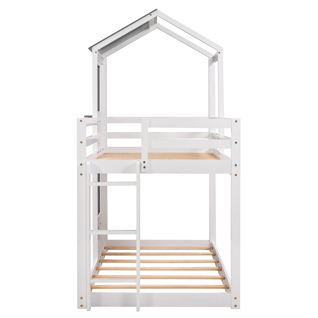 Twin Over Twin Bunk Bed Wood Bed with Roof, Window, Guardrail, Ladder (White)