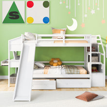 Load image into Gallery viewer, Twin over Twin Bunk Bed with Storage Staircase, Slide and Drawers, Desk with Drawers and Shelves, White
