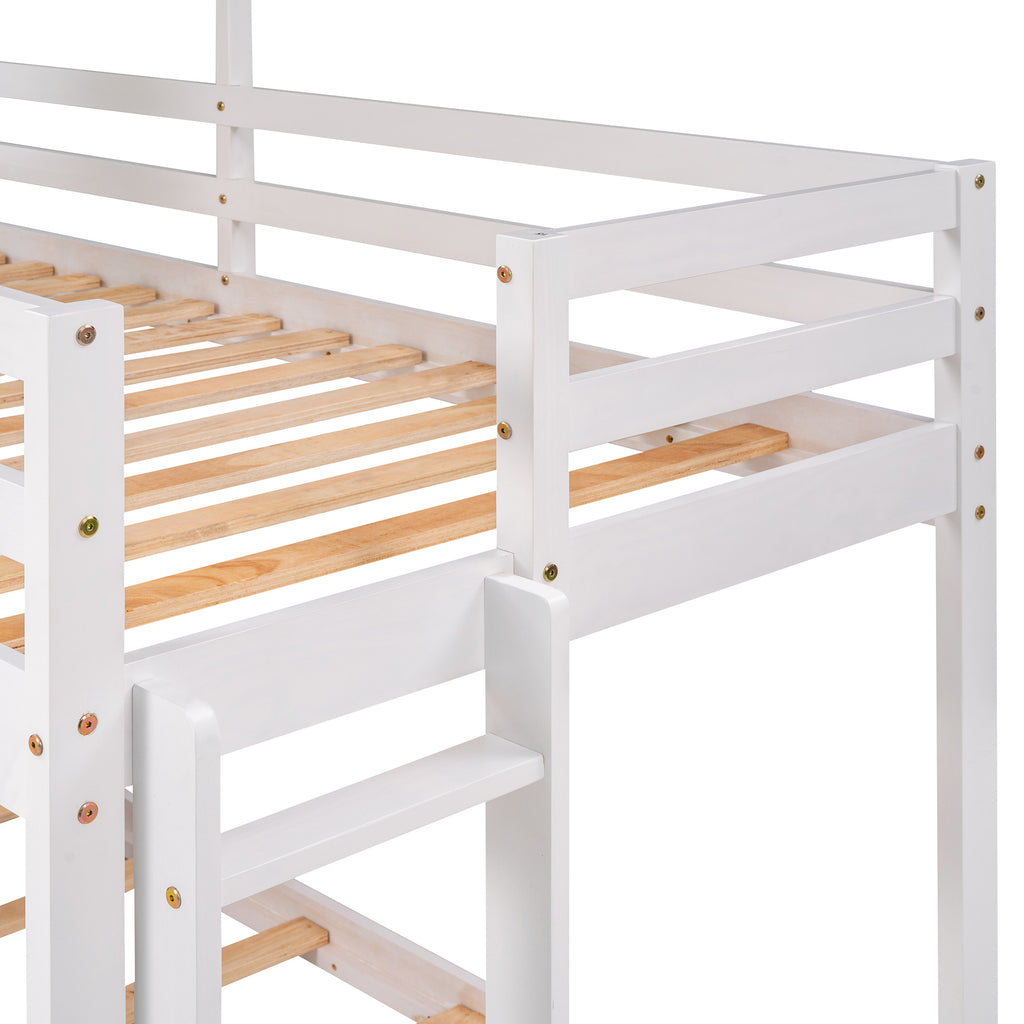 Twin Over Twin Bunk Bed Wood Bed with Roof, Window, Guardrail, Ladder (White)