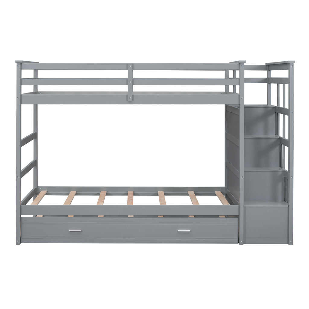 Twin Over Twin Bunk Bed with Trundle and Staircase,Gray