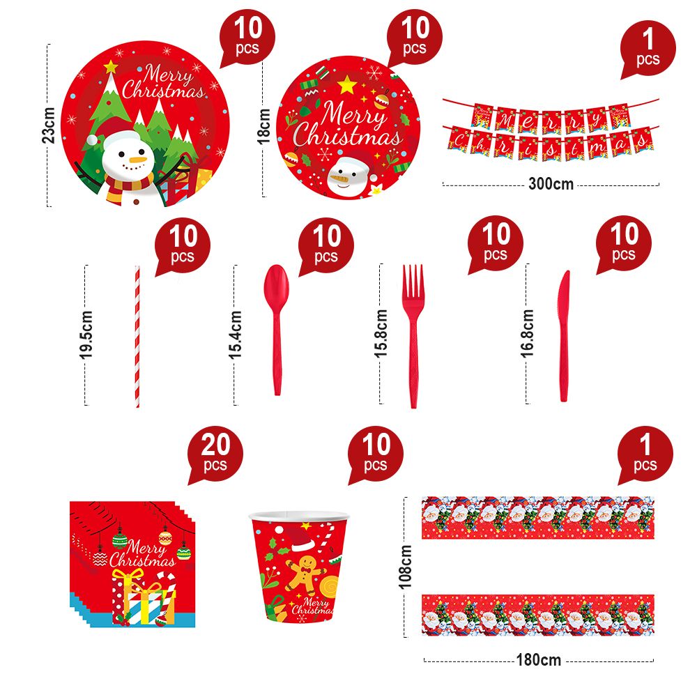 Christmas 10-piece set   Set Party Supplies Snowman Disposable Tableware Paper Plates and Napkins Banners Plastic tablecloths Cutlery Serves 60 for Merry Christmas Party Home Indoor Outdoor Decor