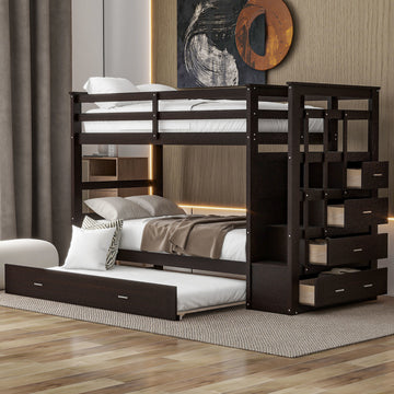 Twin Over Twin Bunk Bed with Trundle and Staircase,Espresso