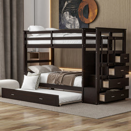 Twin Over Twin Bunk Bed with Trundle and Staircase, Espresso