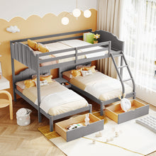 Load image into Gallery viewer, Full Over Twin &amp; Twin Bunk Bed, Velvet Triple Bunk Bed with Drawers and Guardrails, Gray