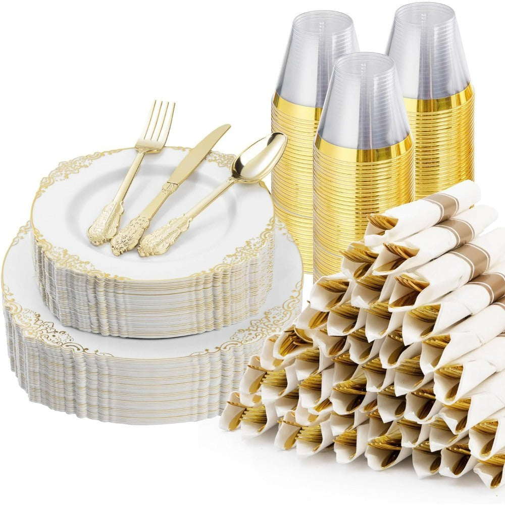 350PCS Gold Plastic Plates for 50 Guests, 100 Gold Rim Plastic Plates, 50 Silverware, 50 Pre Rolled Napkins for Party