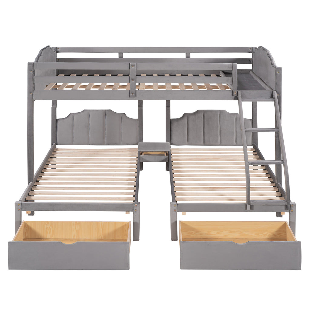 Full Over Twin & Twin Bunk Bed, Velvet Triple Bunk Bed with Drawers and Guardrails, Gray