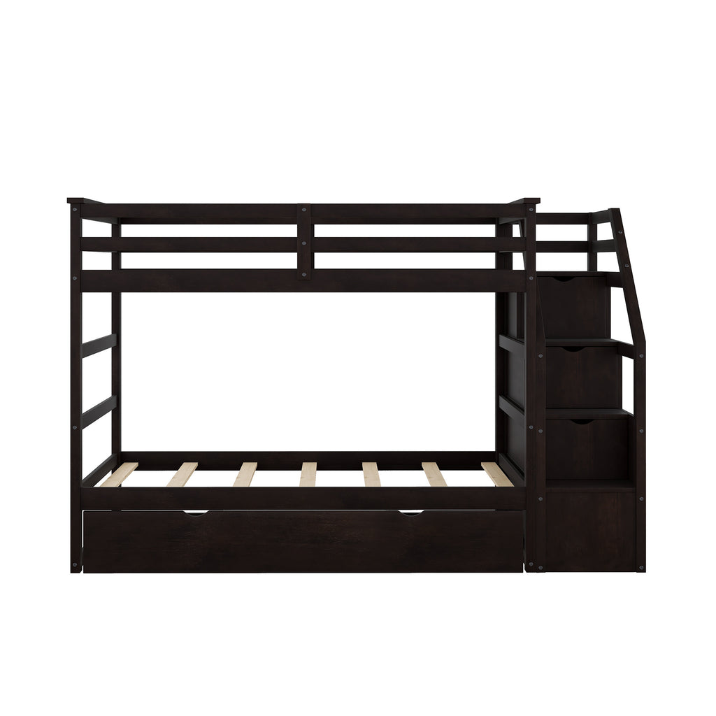 Twin-Over-Twin Bunk Bed with Twin Size Trundle and 3 Storage Stairs,Espresso