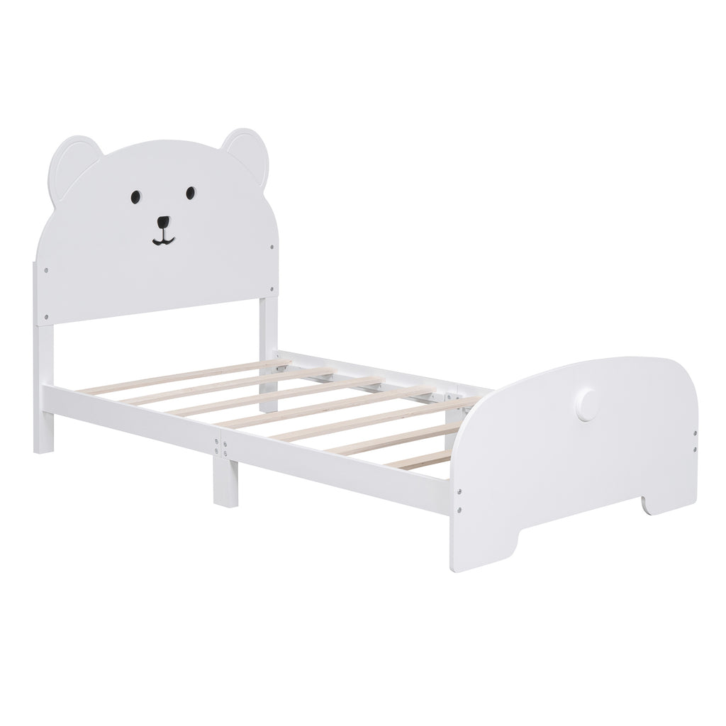 Twin Size Wood Platform Bed with Bear-shaped Headboard and Footboard,White