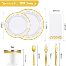 Load image into Gallery viewer, 700 Piece Gold Dinnerware Set for 100 Guests, 100 Gold Rim Dinner Plates,Dessert Plates, Paper Napkins, Cups