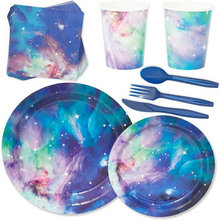 Load image into Gallery viewer, 168 Pieces Galaxy Party Supplies with Paper Plates, Napkins, Cups, and Cutlery for Outer Space Birthday Party Decorations (Serves 24)