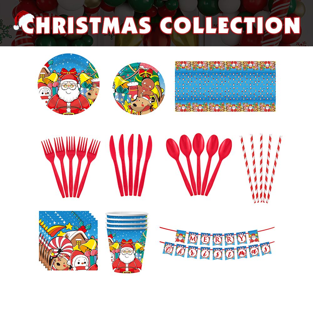 Christmas 10-piece set  Set Party Supplies Snowman Disposable Tableware Paper Plates and Napkins Banners Plastic tablecloths Cutlery Serves 50 for Merry Christmas Party Home Indoor Outdoor Decor