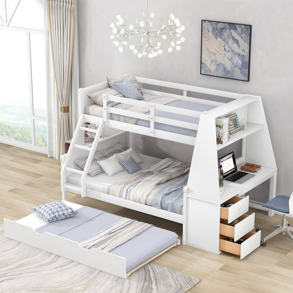 Twin over Full Bunk Bed with Trundle and Built-in Desk, Three Storage Drawers and Shelf,White
